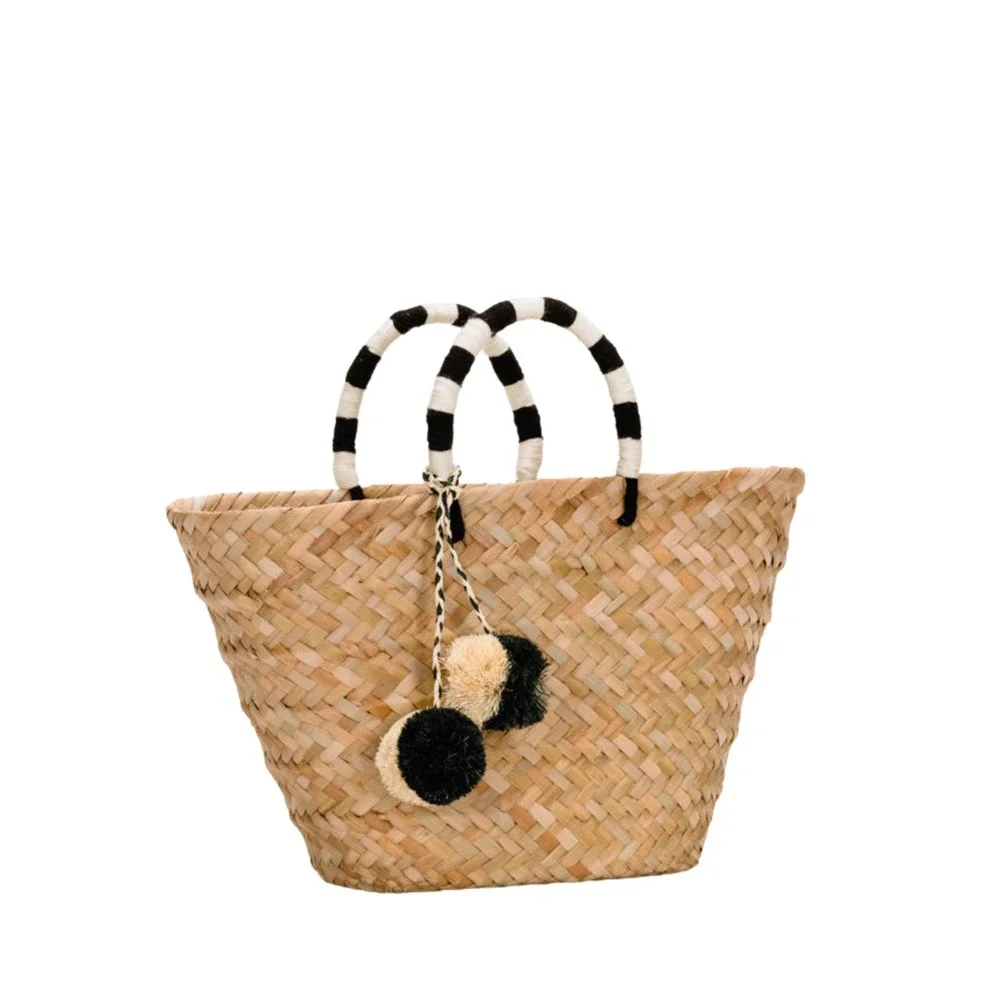 Kayu St Tropez Pom Pom Straw Tote Blk White Striped Handles Basket Summer‎ Light